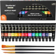 Shuttle Art アクリル絵の具 アクリル顔料 16色セット ペイントブラシ3本付き 速乾 耐久 チューブ 12ml 手作り 布/石/ガラス/セラミックに描ける 子供用 イラスト 塗り絵 クラフト 美術 画材 宿題 初心者 専門家