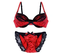 Moca＆Bunny レッド E85 レディース ブラ ブラジャー ショーツ 上下 セット 下着 女性 女性下着 ブラジャーショーツセット ブラショーツセット 3/4 カップ セクシー サテン レース 勝負 サイズ大きめ 大きめのブラジ [レッド] [E85]