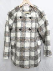 ■ grove グローブ チェック柄　ボア 長袖 ノーカラー　コート サイズL グレー　ホワイト　ブラウン レディース P  【1407100032716】
