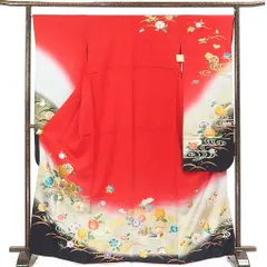 振袖 着物 身丈168cm 裄67cm 前幅24cm 後幅30cm 袖丈105cm 袖幅35cm レディース 袷 鴛鴦 裄長 裄Lサイズ 秋冬春用 正絹（シルク）赤地 トールサイズ 美品 リサイクル リメイク リユース【呉服のきくや】