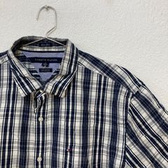 トミーヒルフィガー TOMMY HILFIGER 半袖カジュアルシャツ【L】ダークネイビー×ホワイト コットン100% メンズ チェック柄