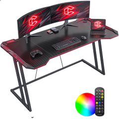 一人暮らし おしゃれ ゲーム実況安定性 デスク ゲーマー向き パソコンデスク ゲームデスク ゲーミングテーブル 頑丈 組み立て簡単 炭素繊維天板 ブラック LED付き 幅140cm*奥行き60cm ゲーミングデスク CubiCubi
