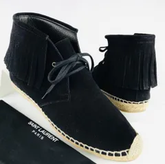 美品★SAINT LAURENT PARIS・サンローランパリ レディース スエードレザー エンボス加工ブランドロゴ フリンジ付き ジュートコンビ スニーカー(38)ブラック カジュアル レディースシューズ ブランド オシャレ 靴 秋冬物のサムネイル