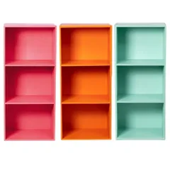 カラーボックス3段 　3個セット（コーラルレッド/オレンジ/ミントグリーン）本棚　カラフル　おもちゃ　教科書　絵本　子供部屋　家具　木製　３段　３個（コーラル１、オレンジ１、ミント１）※※北海道・沖縄県・離島別途送料有・説明文をお読みください※※