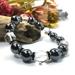 ヘマタイト&水晶 パワーストーン ブレスレット 天然石 12mm （ブラック）メンズ・レディース　男性・女性　数珠ブレス　開運  [24]　