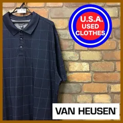 ME12-979★状態良好 USA古着★ビッグシルエット★【VAN HEUSEN】ポリ混 チェック柄 半袖 ポロシャツ【メンズ 2XL】紺 アメカジ ゴルフ ワーク 古着