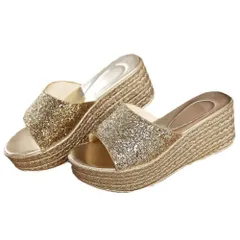 [ALVEIN] 厚底サンダル ウェッジソール キラキラ ラメ スパンコール 歩きやすい 小さいサイズ 疲れにくい サンダル かわいい ゴールド シルバー (ゴールド, 24.5 cm) [ゴールド] [24.5 cm]