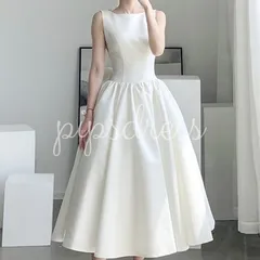 【即日発送】ウェディングドレス ミモレ丈 M 花嫁ドレス 結婚式 二次会 前撮り フォトウエディング Aライン パール装飾 リボン付き