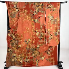 【美品】 振袖 身丈168cm 裄丈68cm L 袷 谷崎潤一郎 落款 源氏香 草花 金糸 金銀彩 赤茶 正絹 名品 【中古】