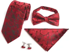 ルナリ ネクタイ 蝶ネクタイ ポケットチーフ カフスボタン 4点セット ペイズリー柄 メンズ フォーマル ギフト(レッド)