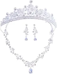 Ｕｃｃｅｌｌｉｎｏ リーフモチーフ ティアラ ネックレス イヤリングまたはピアス 3点セット ヘアピン付属 付け方解説書付き ウェディング 結婚式 パーティ コスプレ( シルバー,  free)