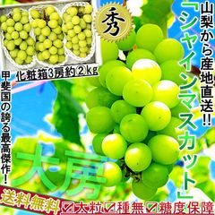 【予約：8/15～9/15予定】産地直送 シャインマスカット ぶどう 山梨産 3房 2kg 種なし葡萄 特大房 秀品 化粧箱入り 贈答品 TVでも話題 最高級の大粒ブドウ