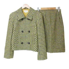 ハナエモリ HANAE MORI セットアップ スカート スーツ ダブル ヴィンテージ チェック ウール ジャケット ひざ丈 タイト 11A3 L相当 イエロー ネイビー Xのサムネイル