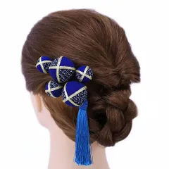 髪飾り 成人式 振袖 前撮り 袴 花 浴衣 夏祭り 花火大会 豪華5点セット 青 ちりめん 玉飾り ゴールド 房付き 鹿の子 ヘアアク No.9-3635