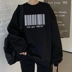 韓国 レディース バーコード スウェット トレーナー ブラック 長袖 冬 人気