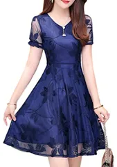 B.N.1（ビーエヌワン） セレクト ワンピース 二次会 結婚式 花柄 パーティー ドレス vネック シースルー ミニ 膝上 レディース フォーマル 衣装( 03_ネイビー,  XL)