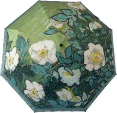 ノーブランド品 ゴッホ 傘 絵画 野薔薇 折りたたみ 日傘 花柄 晴雨 兼用 UV カット 軽量 完全 遮光 緑(グリーン)