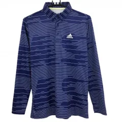 【美品】アディダス 長袖ポロシャツ ネイビー×白 ライン総柄 襟3ライン メンズ M ゴルフウェア adidas