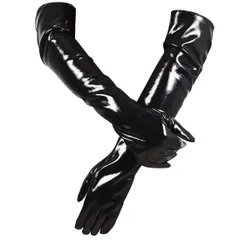ブラック_M [ZYJ] エナメル グローブ 光沢 フェイクレザー ロング手袋 ひじ上丈 ロンググローブ ダンス 衣装 ボンテージ セクシーコスチューム (黒, M)