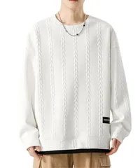 [Four leaf] 【おしゃれ×スッキリ】 重ね着風 メンズ トレーナー トップス カットソー 長袖 スウェット 長袖tシャツ 秋物 秋冬 ストリート系 ロンティー レイヤード 丸首 エンボス加工 無地 春 秋 冬 冬服 (JP, ア [ホワイト] [M]