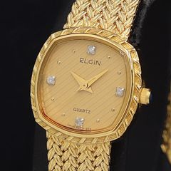 極美品 稼働品 ELGIN クォーツ 新品電池 4P ストーン ゴールド 腕時計 