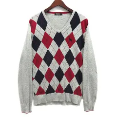 バーバリーブラックレーベル BURBERRY BLACK LABEL アーガイル コットン ニット セーター 長袖 Vネック ホースマーク グレー 3