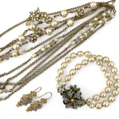 美品 MIRIAM HASKELL ミリアムハスケル ビジューネックレス パールブレスレット ストーンピアス 3点セット ゴールドカラー レディース 古着 中古 USED