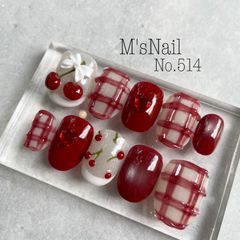 ネイルチップ さくらんぼ 赤 ちゅるん うるうる チェック 可愛い ガーリー フレンチ ハート