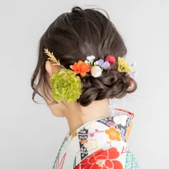 【卒業式袴髪飾り編み込みダウンアレンジE】レトロモダンなヘッドドレス&水引きゴールド/成人式振袖ヘッドパーツ/ミディアム・ロングヘアーの和装前撮り・結婚式白無垢・色打掛/卒園式の保育士先生・教員様にも