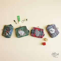 【松尾ミユキ】Mini purse cat check back｜がま口ポーチ　ミニパース チェック｜選べる4種類　Leo/Mugi/Lin/Maron｜猫ねこネコ