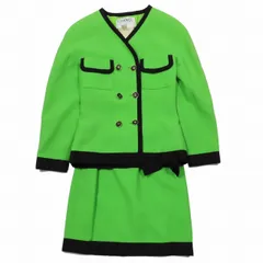 90s 91SS シャネル CHANEL ヴィンテージ vintage ツイード セットアップ スーツ ノーカラージャケット ココマークボタン タイトスカート ショート丈 collection25 34 グリーン/2▲B12 レディース ☆AA★