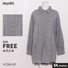 ★美品★ mystic ミスティック トップス　シャツ　長袖　ロング丈　ロールアップ　綿100％ 　グレー　 【H1066-00】 送料無料　古着　レディース