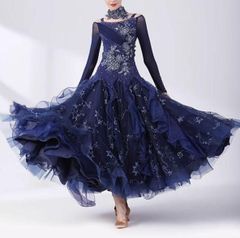 スパンコール】新品 紺 花柄レース ステージ社交ダンス用ワンピース