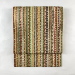 たんす屋 TANSU-YA 中古 リユース帯 名古屋帯 生成り 茶 緑 マルチカラー カジュアル 織り 金糸 段文錦調 絹 未洗い MS4860