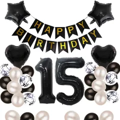 【数量限定】15歳 誕生日 バルーン 風船 飾り付け セット 数字バルーン 15 HAPPY BIRTHDAYガーランド ハート風船 紙吹雪風船 バースデーバルーン 大人 男の子 女の子 ブラック