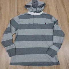 Polo by Ralph Lauren。ポロバイラルフローレン。キッズフード付き長袖ボーダーシャツ。グレー濃淡ボーダー。S(8)サイズ。