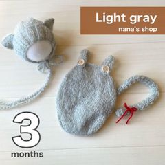 3ヶ月ライトグレー♪ねこ耳帽子としっぽ付きオーバーオール ニューボーンフォト衣装
