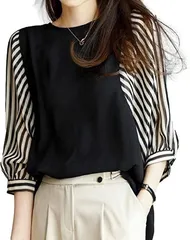 ririka リリカ ブラウス ドッキング 5分袖 キレイメ カジュアル レディース( ストライプ,  L)