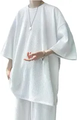 X-cross クロス 五分袖 tシャツ メンズ 夏 薄手 半袖 無地 ゆったり 大きいサイズ オーバーサイズ ビッグシルエット スポーツ ストリート カジュアル お洒落 トレーニング 韓国 ファッション 5分袖(ホワイト,  L)