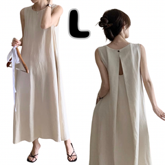 L ワンピース ロング 白 ノースリーブ 袖なし レディース 春夏 ゆったり 体型カバー 背中見せ Aライン ナチュラル 無地 韓国 リゾート海 プール 楽ちん カジュアル きれいめ シンプルレイヤード サラサラ リネン風 上品 大人可愛い お洒落 おしゃれ