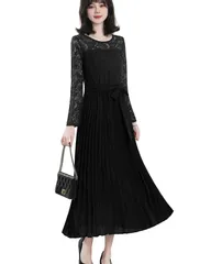 [Yino] パーティードレス ワンピース ドレス レディース レース プリーツ 切り替え 長袖 ベルト 裏地 着痩せ ロング丈 女性らしい 可愛い フォーマル 結婚式 二次会 披露宴 お呼ばれ 秋 春