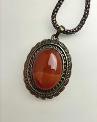 アンティーク調 大粒 天然石 カーネリアン オーバル型ペンダントネックレス