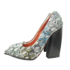 ミッソーニ MISSONI GRIGIOVERDE パンプス ハイヒール ポインテッドトゥ チャンキー 変形ヒール ニットレース 総柄 38 24cm 緑 グリーン /AH8 ■GY17のサムネイル