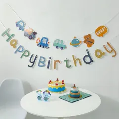 レターバナー＆はたらくくるまフラッグセット　男の子　ブルー系　水色　　バースデーパーティ飾り　誕生飾り