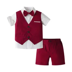 子供服 キッズ フォーマル スーツ 男の子 ベビー服 半袖シャツ（フェイクベスト）+半ズボン 2点セット 夏 ブリティッシュスタイル タキシード風 卒園式 入園式 七五三 お宮参り 結婚式 入学式 110 120cm