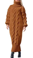 【ブラウン】ワンピース ケーブルニット タートルネック 長袖 ロング 暖かい 秋冬 体型カバー おしゃれ