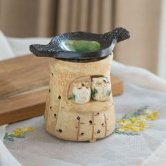 日本製クラフト　夫婦フクロウ茶香炉　 梟　茶香炉　手造り 土物 香立 香皿 お香 アロマ /インテリア 縁起 招福 プレゼント 贈り物01-36691
