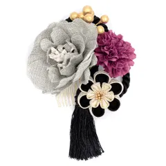 髪飾り 成人式 花 振袖 前撮り 袴 花 グレー 黒 紫 ゴールド ニュアンスカラー つまみ細工 丸つまみ 組紐 房 房付き 小さい 大 No.12-0897