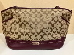 鑑定済 COACH コーチ ハンドバッグ トートバッグ シグネチャー ベージュ えんじ系