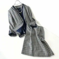 【美品・残布あり・定価13万】レリアン★大人上品！スーツ ジャケット&スカート 大きいサイズ11 千鳥格子♪シルク&ウール！濃紺系 z8935s